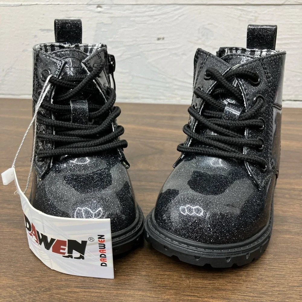 Dadawen Black Glitter Combat Boots Kids Ankle Glossy Black Glitter Boots Size 5
